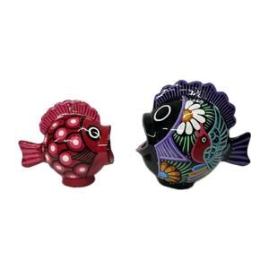 Vintage Mexico Folk Art Talavera Wide Mouth Fish Wood Hand Painted Puffer